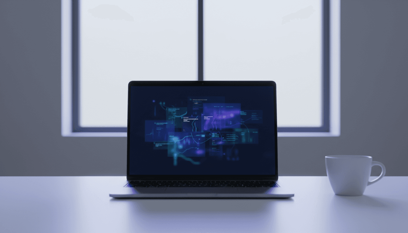 Laptop screen with a blurred data dashboard glowing on a clean desk in soft daylight