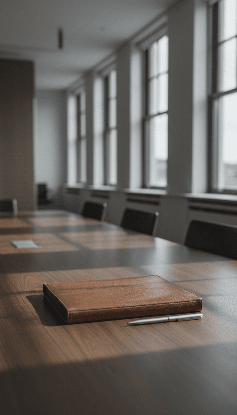 Closed folder and pen on a conference table in a London consulting office