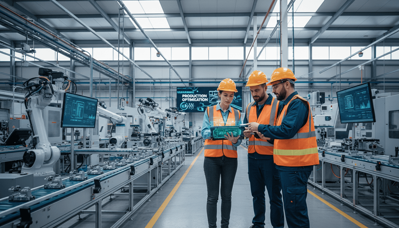 Consultants reviewing equipment data on a tablet in an industrial facility