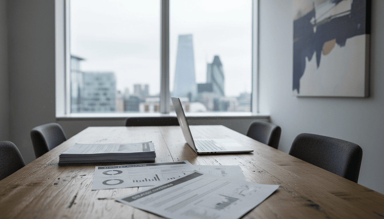 Open laptop and documents on a meeting room table with soft daylight from a window