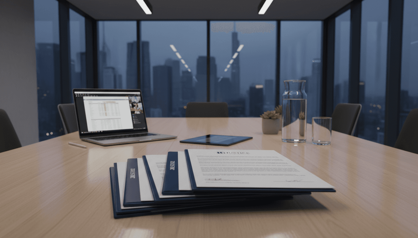 Legal documents and a laptop on a desk in a modern office