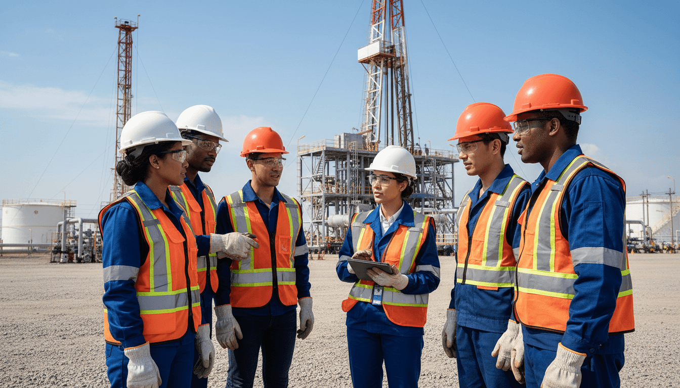 Workers in safety gear discussing at an oil and gas site with rigs in the background.