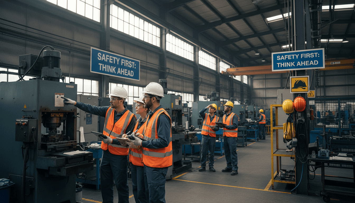 Safety team in high-visibility vests conducting hazard assessment and documentation on industrial manufacturing floor with machinery and equipment.